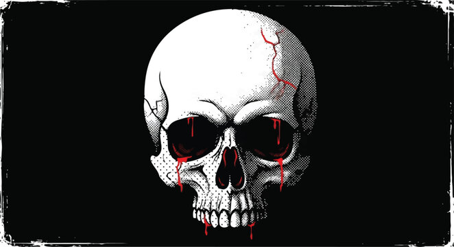 Creepy skull with blood tears and red cracks on black background illustration