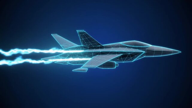 Fighter jet with speed light line. Supersonic digital jet fighter in futuristic wireframe style. Technology military airplane hologram. High-speed innovations concept. Abstract aircraft background. 4k