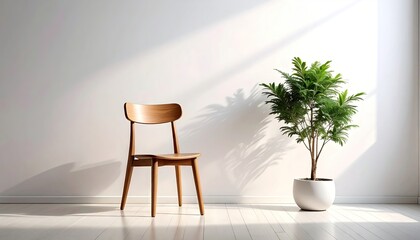 Minimalist Interior with Wooden Chair and Green Potted Plant in Bright Light against White Wall Aesthetic Room Design with Natural Elements