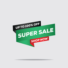 Super Sale Banner Vector – 100% Off Editable Web Design – Black, Green & White red Abstract