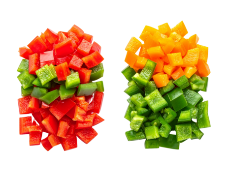 Pair of vibrant chopped vegetable mixes featuring diced bell peppers and carrots isolated on transparent background