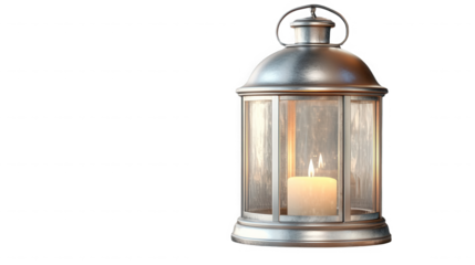 A vintage silver lantern with a lit candle inside against a completely black background on transparent background