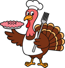 Cartoon chef turkey, white hat, apron, holding pie and fork, Thanksgiving humor, festive character, vector illustration, cooking theme