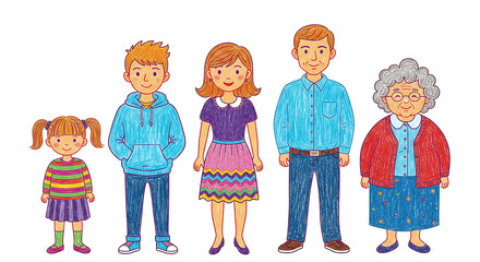 Diverse family group portrait featuring three generations standing together happily