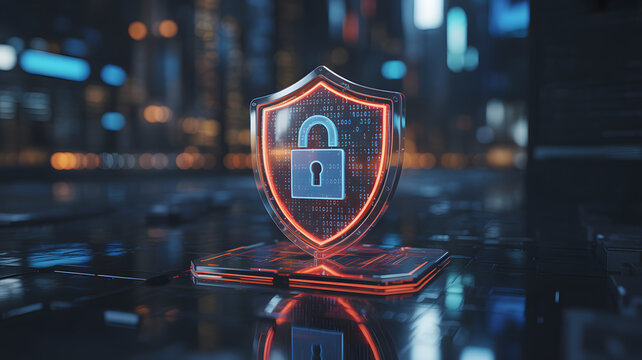 Digital shield with glowing padlock symbol representing cybersecurity and data protection in a futuristic abstract cityscape background