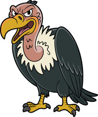 Angry cartoon vulture with sharp beak and dark feathers, wild bird character vector illustration for kids, wildlife predator design, isolated drawing