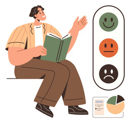Man holding a book while gesturing, emoticon feedback scale smiling, neutral, sad, and chart data. Ideal for feedback, survey, evaluation, education presentation user experience decision-making