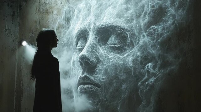 A person stands in silhouette, contemplating a large, ethereal face made of smoke and light, evoking themes of introspection and the subconscious mind.
