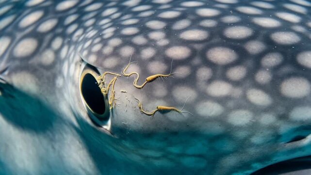 Close up of whale shark eye with parasites