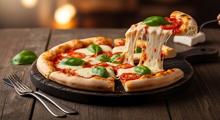 Delicious pizza with fresh basil and mozzarella cheese on a wooden board