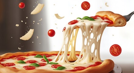 Delicious pizza with melting cheese and fresh tomatoes is being served