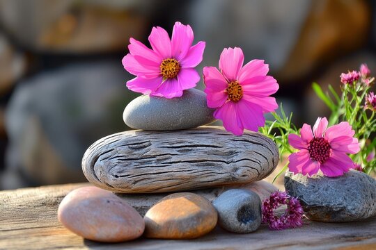 Zen meditatie-elementen: stenen en bloemen composi&euml;rend op natuurlijk hout.