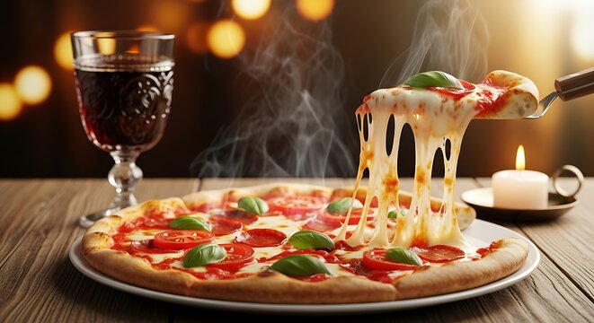 Delicious pepperoni pizza with melting cheese served with red wine