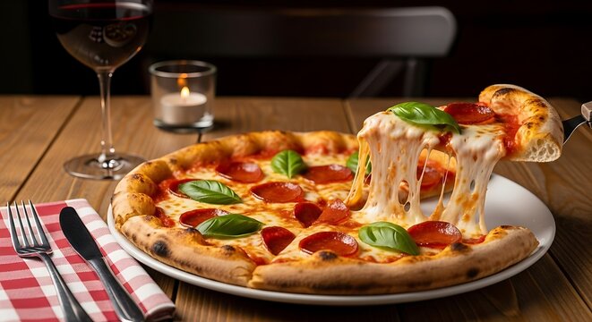 Delicious pepperoni pizza with basil leaves and a glass of red wine on table