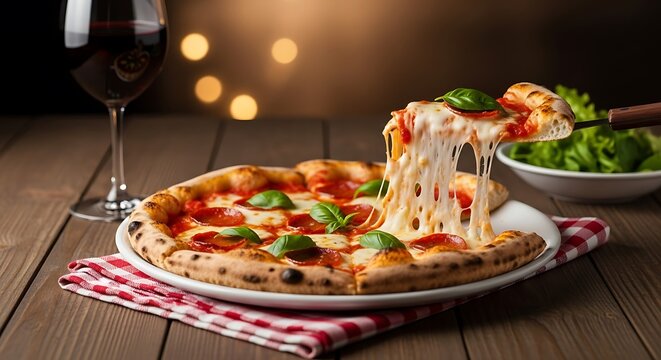 Delicious pizza with melted cheese and basil served with red wine - Powered by Adobe