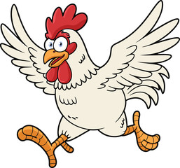 Cartoon chicken running, wide wings, surprised expression, animated pose, blue eyes, red comb, playful farm animal, vector character design