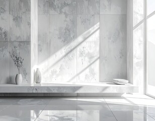 Minimalist White Interior with Natural Light and Stone Texture Ceramic Tile Featuring Vases and Sculpture Under Sunlight