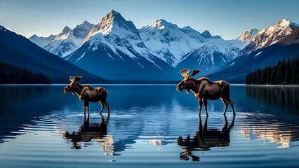 A majestic moose stands serenely in a pristine alpine lake, surrounded by a stunning wilderness landscape.