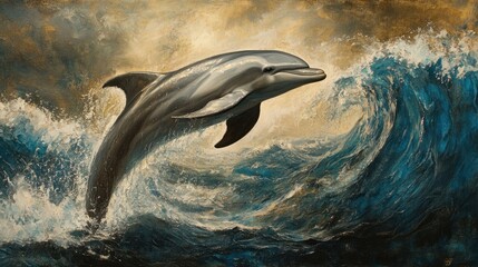 Naklejka premium Majestic Dolphin Leaps Ocean Waves Dramatic Artwork