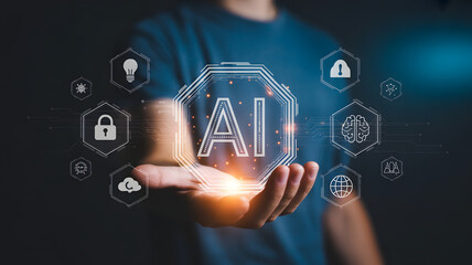 Person holding a glowing holographic ai interface with digital icons representing technology and security concepts surrounding it