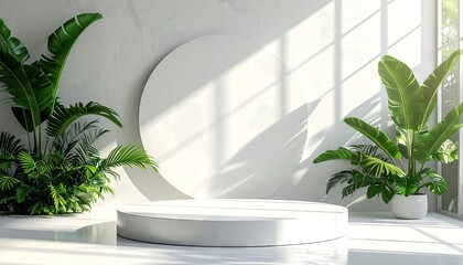Minimalist White Podium with Green Plants Under Bright Sunlight Studio Shot
