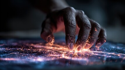 Human hand touching glowing particles creating a digital connection or interaction