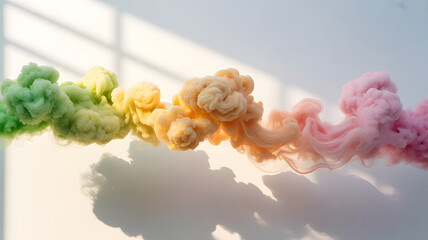 Vibrant rainbow colored smoke trails flowing across a white surface with soft sunlight shadows creating an abstract artistic background