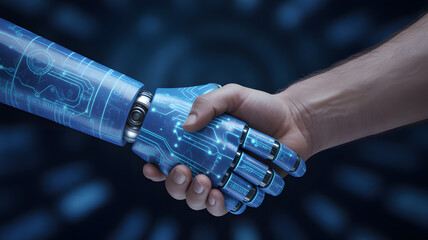 Human hand and futuristic robot hand shaking in agreement symbolizing partnership and technological advancement in a dark setting