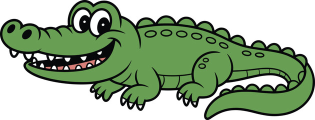 Cute cartoon crocodile smiling with big eyes and sharp teeth, funny green alligator character vector illustration for kids, wildlife animal design, isolated