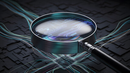 Magnifying glass examining intricate glowing blue digital circuits and data streams on a dark textured surface representing technology and analysis