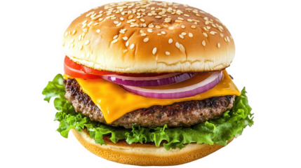 A close up view of a hamburger with lettuce tomato onion and cheese on a sesame seed bun on transparent background