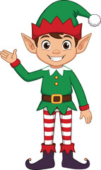 Cartoon Christmas elf character vector, festive holiday costume with striped leggings and hat, cad drawing flat vector illustration