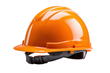 Bright orange safety hard hat with black adjustable strap on black background helmet, Png, Isolated on Transparent Background, Cut Out