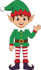 Cartoon Christmas elf character vector, festive holiday costume with striped tights and hat, cad drawing flat vector illustration