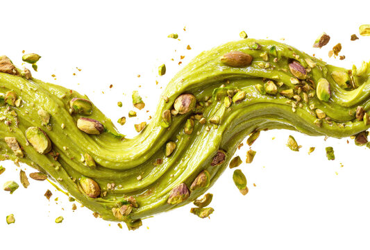 Swirl of pistachio cream topped with nuts against a black background