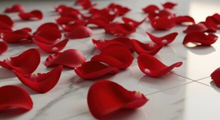 Scattered Red Rose Petals on Marble: Romantic, Elegant, and Artistic.