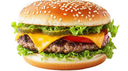 A close up shot of a cheeseburger with lettuce tomato and pickles on a sesame seed bun isolated on transparent background