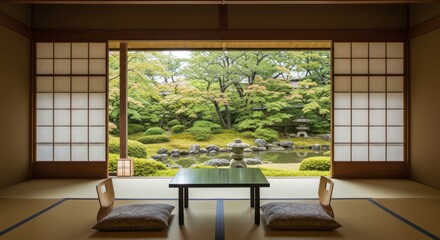 Serene Japanese Garden View from Traditional Room: Tranquility and Nature