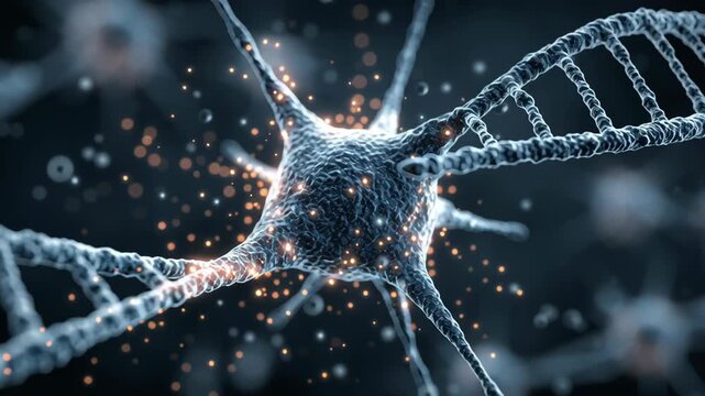 Digital neuron and DNA fusion illustration symbolizing AI biomedical correlation, clean commercial composition, ai biomedical analysis