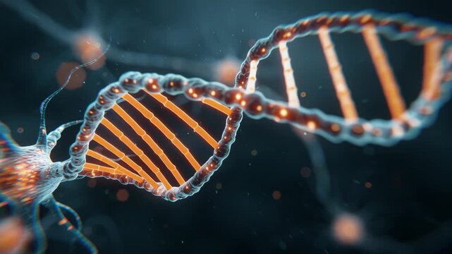 Digital neuron and DNA fusion illustration symbolizing AI biomedical correlation, clean commercial composition, ai biomedical analysis