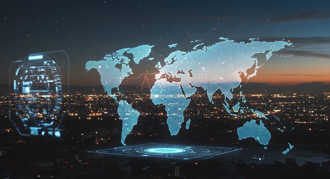 Digital world map with glowing connections over a modern city skyline at night, representing global technology and communication networks.