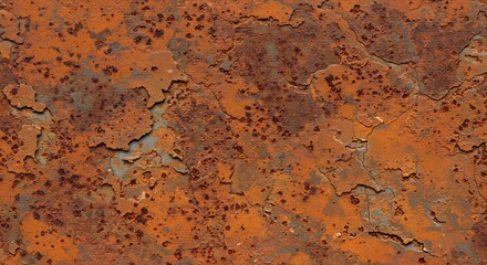 Closeup of heavily rusted metal showing peeling paint and mottled corrosion
