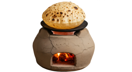 Traditional Indian flatbread Roti Chapati cooking on a hot earthen clay stove isolated PNG with Transparent Background