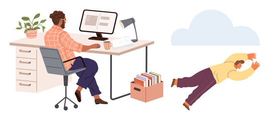 Person working at desk with desktop, files, and plant while another floats in midair towards a cloud. Ideal for remote work, focus, creativity, escapism, balance multitasking productivity. Simple