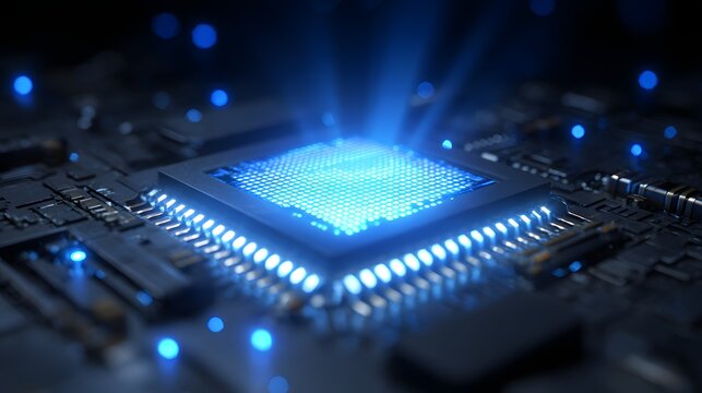 Illuminated integrated circuit processor glowing with intense blue light against a dark background