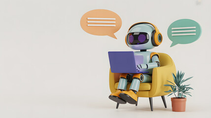 Friendly robot wearing headphones sits in a yellow armchair with a laptop and speech bubbles indicating communication and conversation