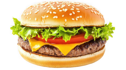 Close up shot of a burger with sesame seed bun lettuce tomato and cheese on a black background on transparent background