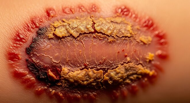 Closeup of skin lesion with scabbing redness and cracked texture