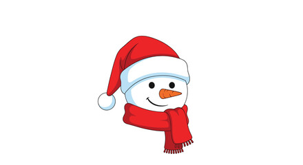 A cheerful cartoon snowman wears a festive red Santa hat and a warm red scarf, featuring coal eyes and a carrot nose, isolated on a white background.