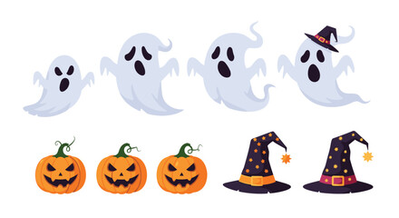 Cute Halloween cartoon illustrations including spooky ghosts, grinning jack-o'-lanterns, and classic witch hats against a white background.
